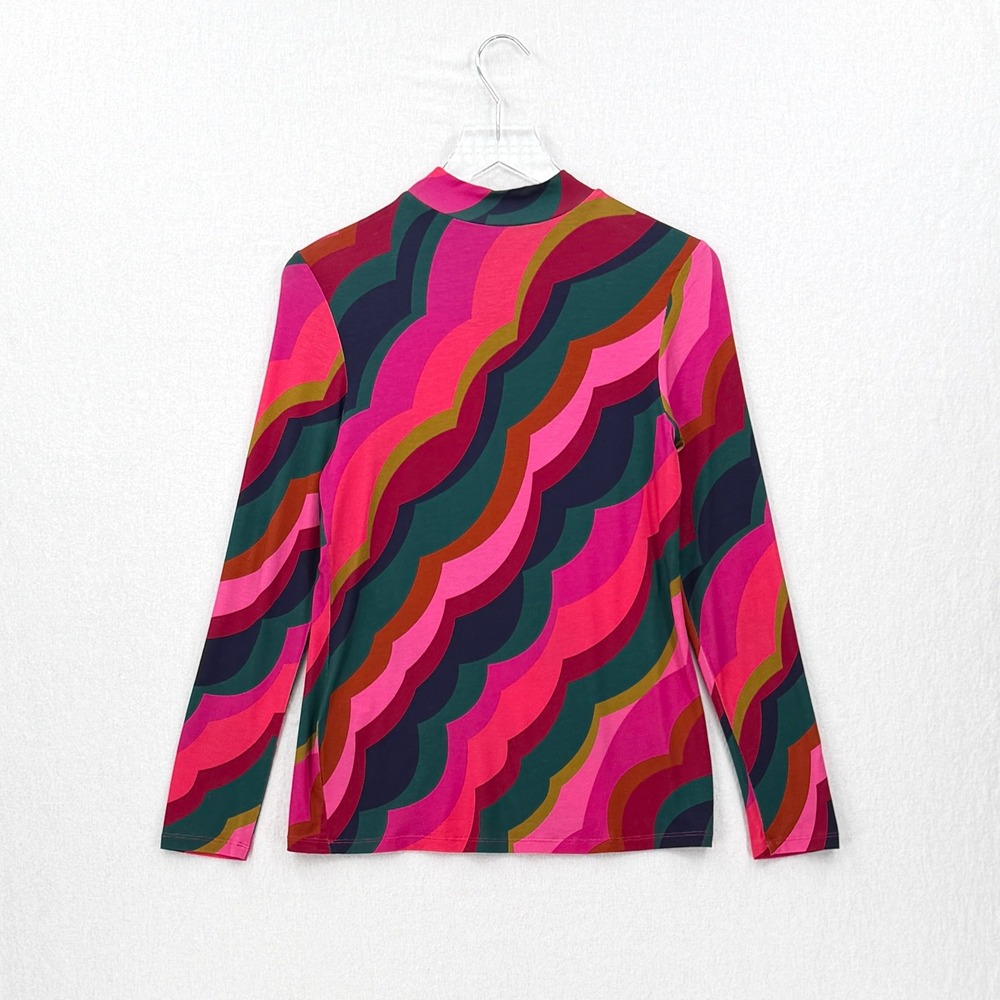 TRINA TURK Pierce Top Womens Small Pink Multi Scallop Wave Long Sleeve Mock Neck - Picture 3 of 13